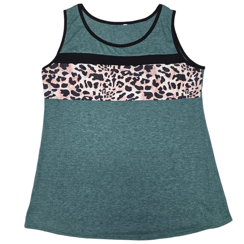 Green Sleeveless T-Shirt with Cheetah Print Design Casual Shirt Athletic Top